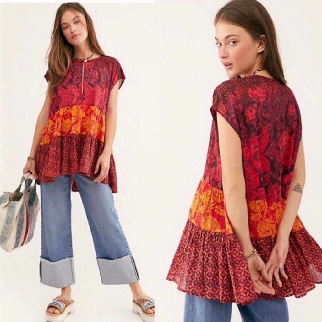 Free People Gotta Have You Tunic Top Floral Mixed Print Oversized Flowy